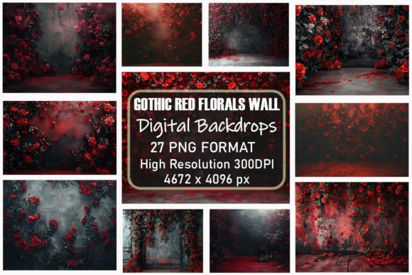 Download Gothic Red Flowers Wall Digital Backdrop - Backdrop Collection