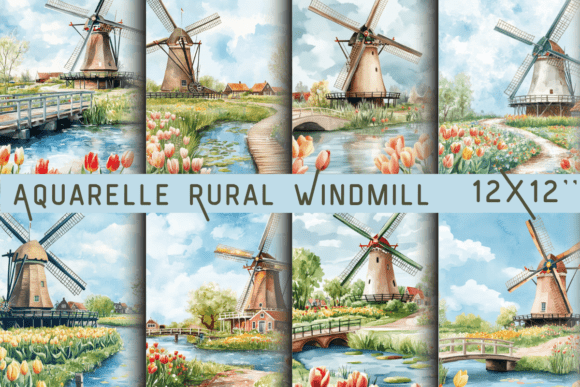 Download Aquarelle Rural Windmill Backdrop - Backdrop Collection
